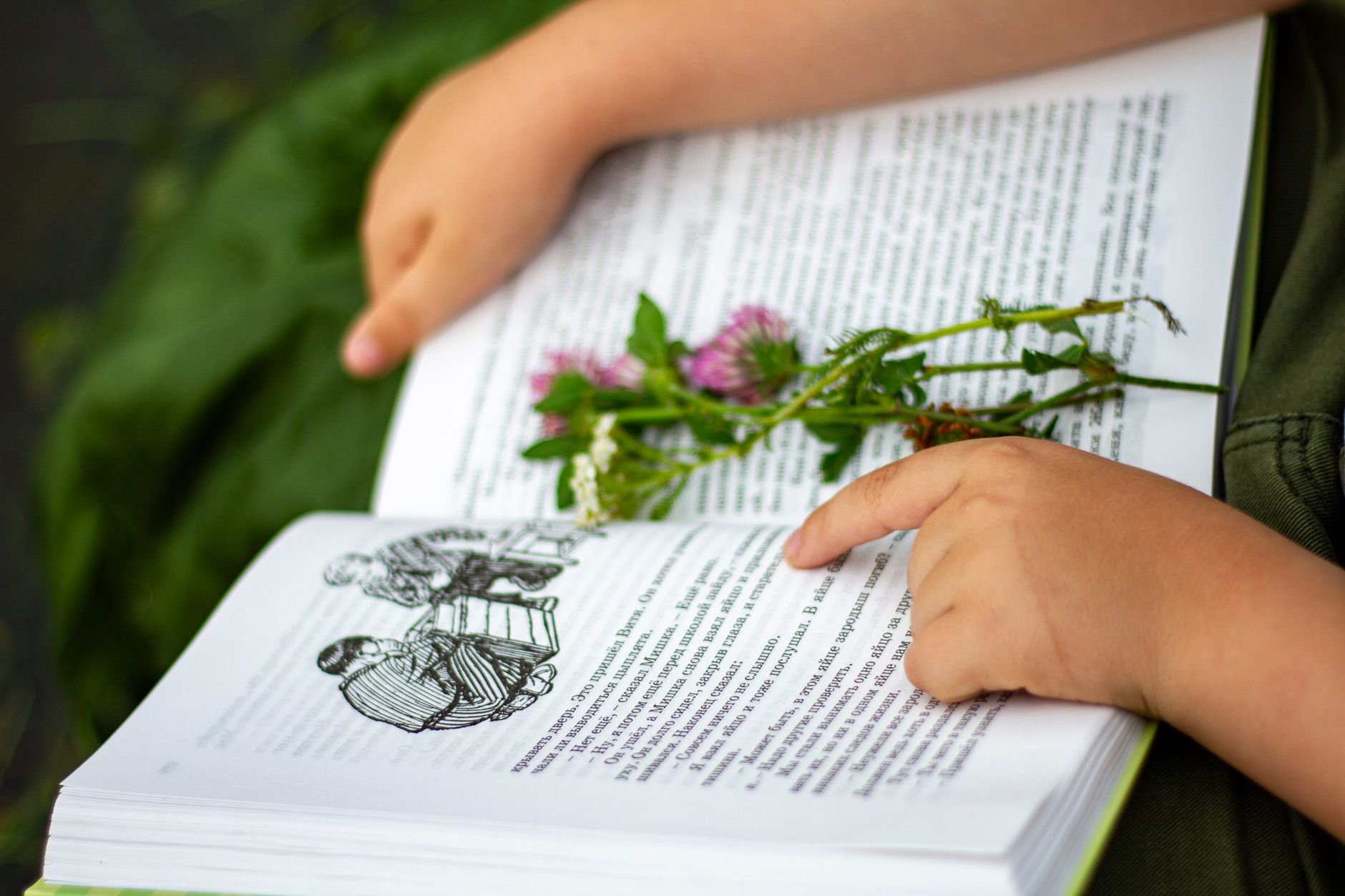 A child reading an open illustrated book outdoors in warm natural light